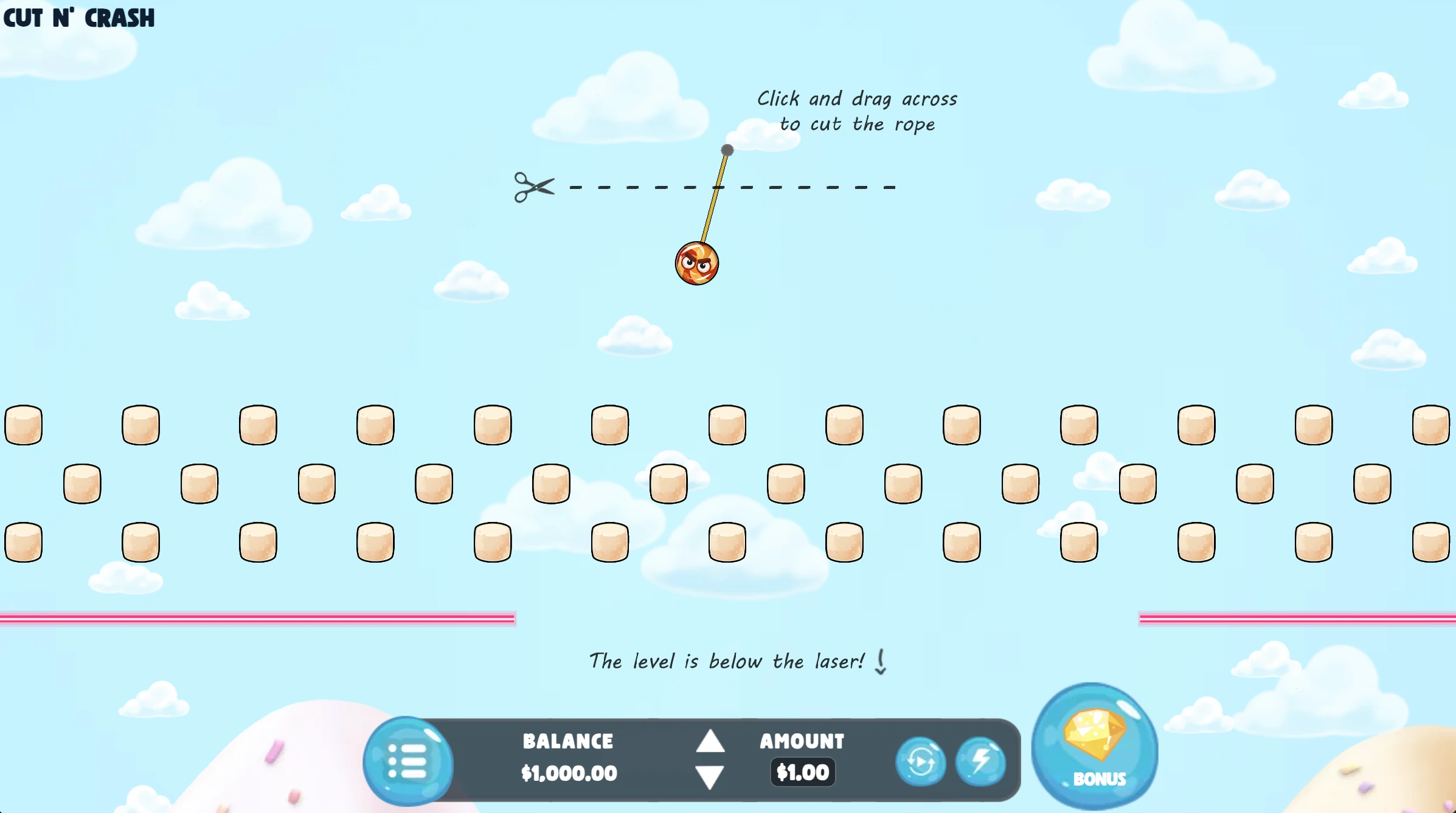 Экран игры Cut N Crash с персонажем-конфеткой, висящим на верёвке над платформами